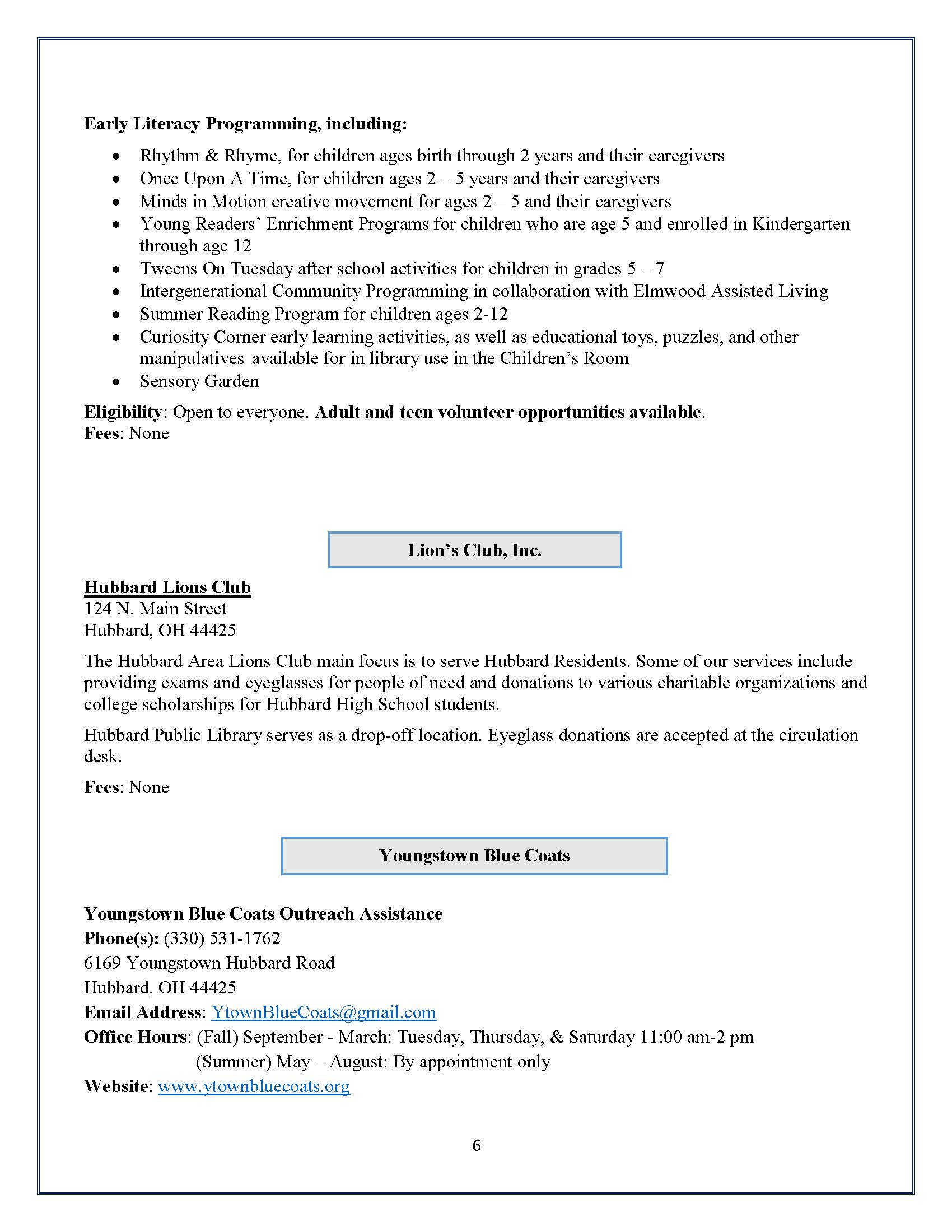 Hubbard Community Directory Hubbard Public Library